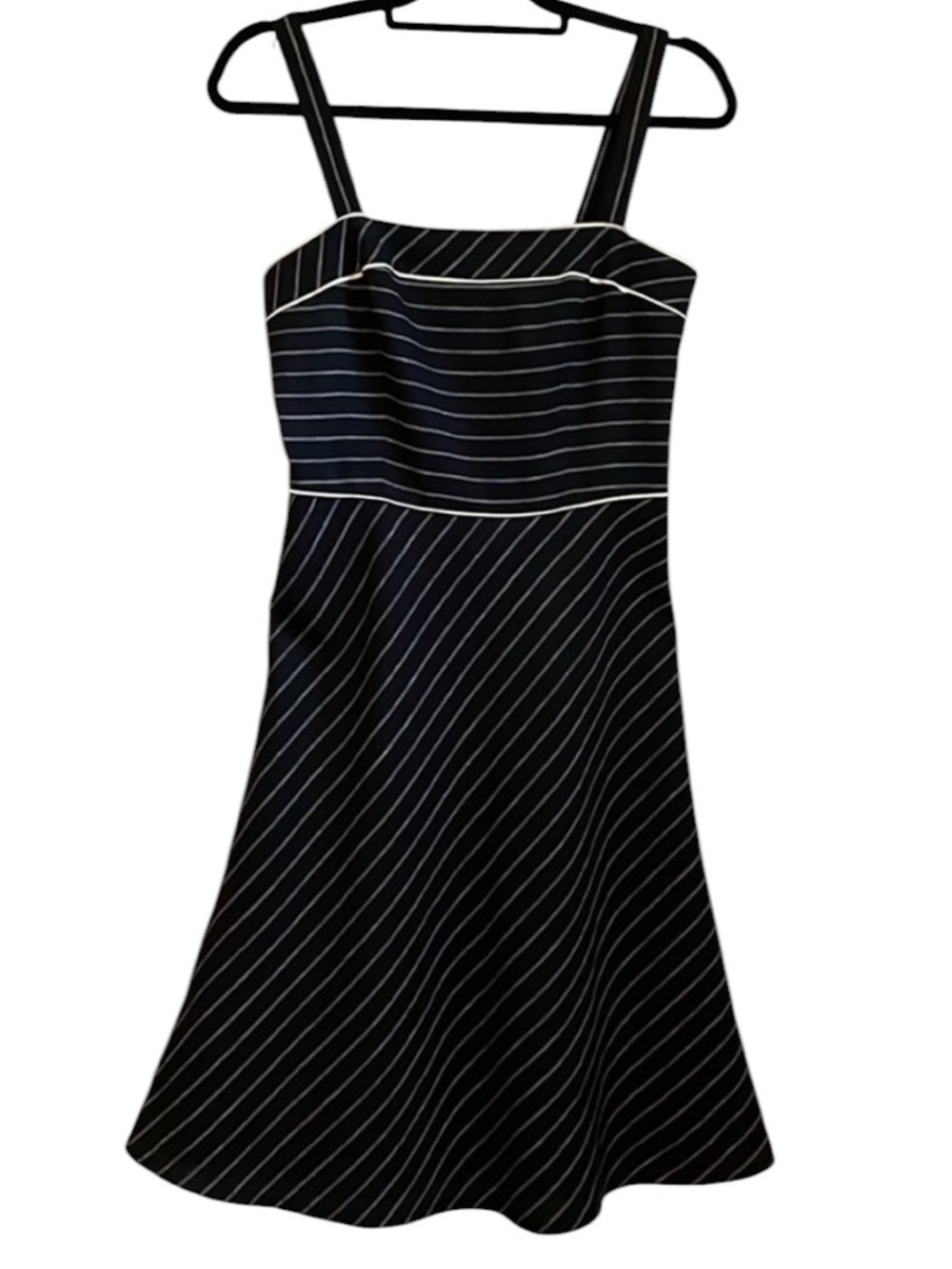 🎉Ann Taylor Loft Black/White Pinstripe Linen Blend Fit & Flare Dress 2 NWOT